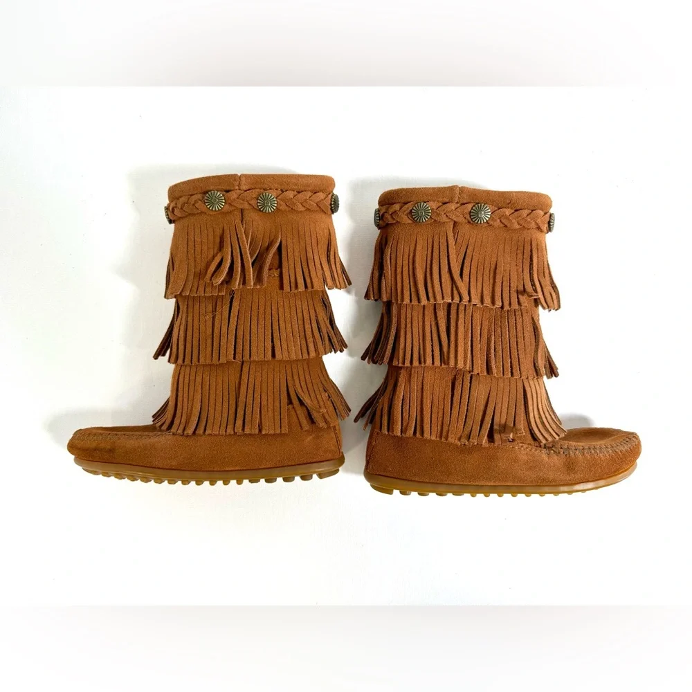 Minnetonka Girls Triple Fringe Suede Side Zip Soled Moccasin Boots Size 11